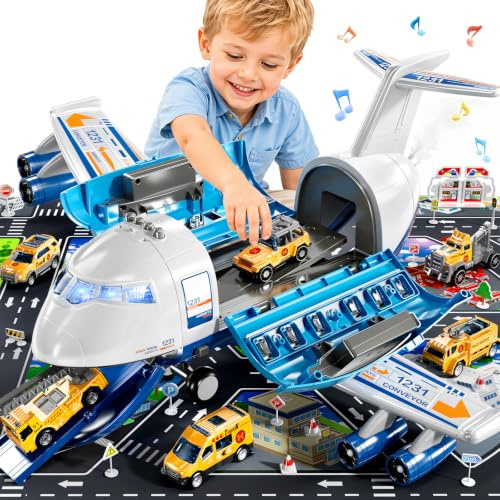 XINNOVEL Airplane Toys for Toddlers 3-5, Toy Airplane for Boys Age 4-7, Large Spray Transport Airplane Toy with 6 Construction Vehicles, Gifts for 3 4 5 6 7 8 Years Old