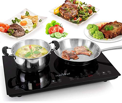 NutriChef Induktionskochfeld 2 Platten, Ceranfeld- 60x36cm, Herdplatte 2 Kochfelder, Mobile Elektroherd aus Glaskeramik, Induktionsplatte mit Timer, Kindersicherheit, Touchsteuerung & Anzeige, 1800W