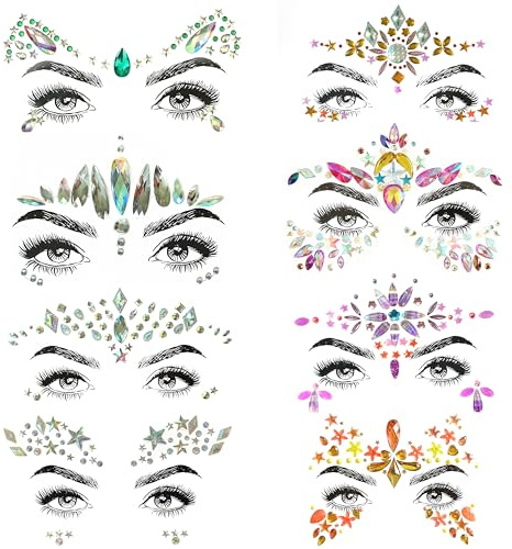 SHINEYES 8 Pcs Gemstone Face Stickers for Music Festival Holiday Party, Rhinestone Face decal for Halloween Christmas, Face Glitter Sticker Temporary Tattoo for Birthday Carnival