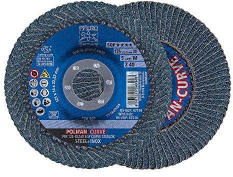 PFERD Fächerscheibe POLIFAN CURVE 2 Stück | Ø 125 mm, Breite M (11 mm), Z40, SGP STEELOX | 69398197 für die präzise Kehlnahtbearbeitung
