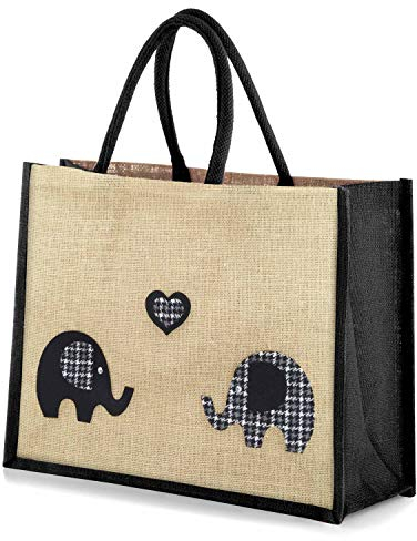 Yellowboots Large Jute Shopping Bag - Elephants in Love - 32cm high x 42cm Wide x 18cm Depth (Black)