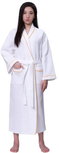 Vensan All-Season Bathrobe with Large Waffle Texture, White, 100% Cotton, Size L, with Length 50 Inches/127 cm