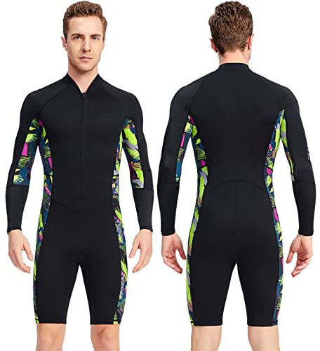 DASJD Neoprenanzug Herren Kurz, 1.5mm Neopren Badeanzug mit Frontverschluss, Thermo Volle ärmellänge Nassanzüge für Spearfishing, Schnorcheln, Surfen, Kanufahren,Schwarz,3XL
