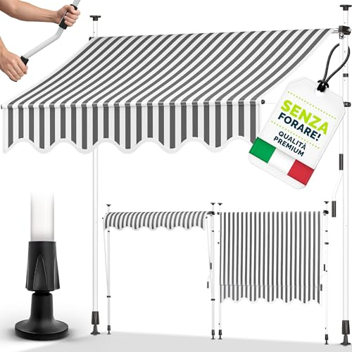 tillvex Toldo Manual portátil de balcón Patio | Toldo Ajustable con manivela para balcón | Parasol Resistente a UVA y Regulable en Altura | Protección Solar estanca a Agua (150cm, Gris/Blanco)