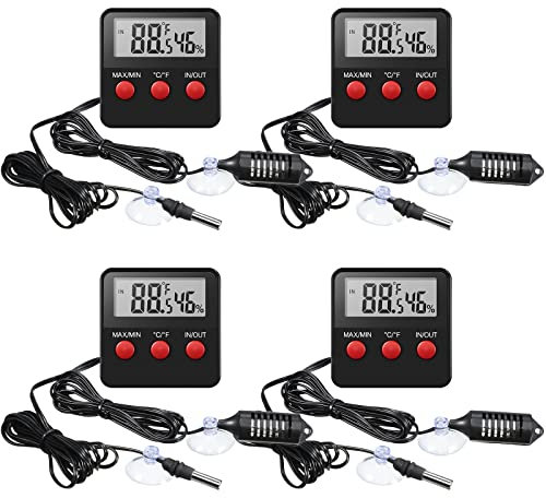 Weewooday 4 Pcs Reptile Thermometer and Humidity Gauge Reptile Terrarium Thermometer Hygrometer with Probes Indoor Outdoor Digital Pet Temperature and Hygrometer Gauge for Pet Keeping