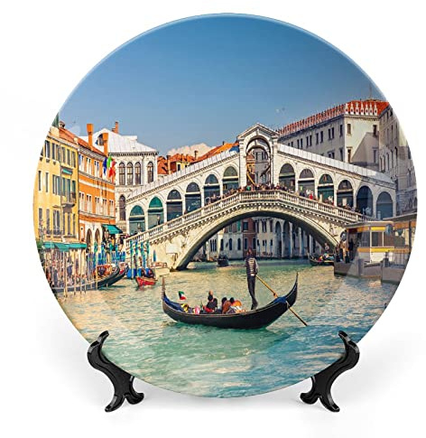 XISUNYA 6 Inch Decorative Plate, Venice Porcelain Plate, Cityscape on a Sunny Day with Rialto Bridge Print Ceramic Wall Hanging for Home & Office Wall Hanging Decor, Multicolor