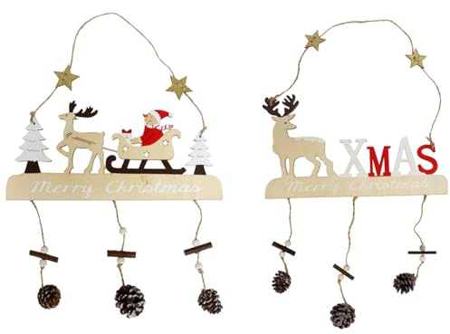 Acan Tradineur - Pack de 2 Adornos Colgantes con Figuras navideñas y piñas, Madera, decoración Festiva, Navidad, Pared, Chimenea - 30 x 27 cm - Modelos aleatorios