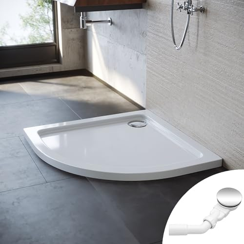 SONNI Oval Duschtasse 80x80x4 cm - Niedrigprofil Duschwanne mit 550 mm Radius, Extra Flach, ABS-Acryl-Paneel, Inklusive Ablaufgarnitur