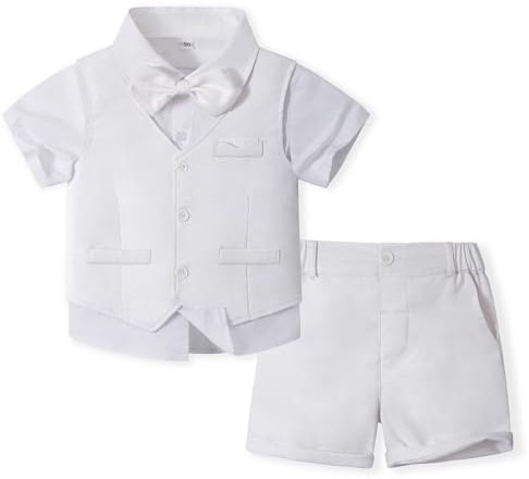 Volunboy Trajes para Bebé Niños de Boda Ceremonia, Verano Conjunto de Chaleco, Camisa, Pajarita, Shorts 4 Piezas(3-4 años,Blanco,Tamaño 110