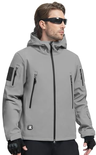 FREE SOLDIER Chaquetas Invierno para Hombre Cazadoras Militar Softshell Ropa de Trabajo Impermeable con Forro Polar para Exteriores Chaquetas de Caza Multibolsillos con Capucha (Gris Claro,XXL)