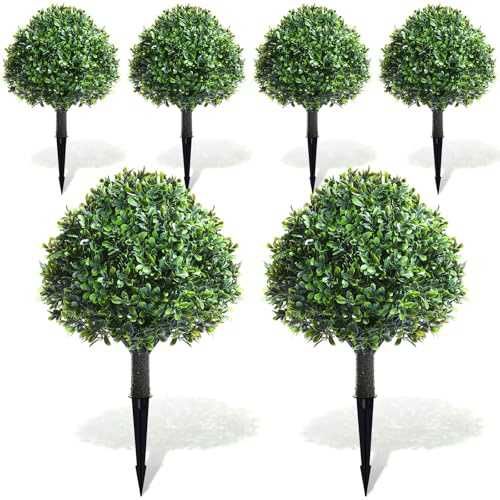 Yunlly 6 Pcs 18 Artificial Boxwood Ball Bush Topiary Trees Fake Boxwood Outdoor Plants Look Real, UV Resistance Faux Shrubs with Spike Greenery Potted for Front Porch Garden Patio Indoor Decor