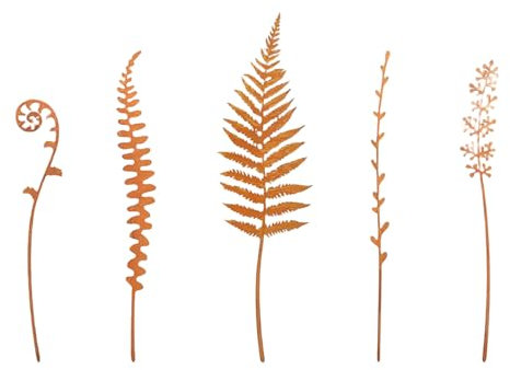 Lot de 5 piquets de fougère en fer rouillé pour décoration extérieure pour fougère dans les parterres de jardin, arrangement floral, piquets de jardin