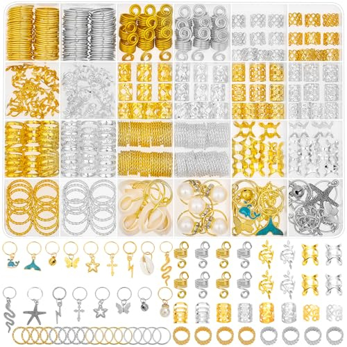 Qinzave 305PCS Gold Silver Hair Jewelry for Braids, Loc Jewelry for Hair Dreadlocks Braid for Women Men, Hair Cuffs Rings Charms Pendants Clips Dreadlock Decoration Accessories for Braided Hairstyles