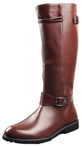 HOUDBDOL Men's Retro Leather Pull On Combat Military Boot Fashion Low Heel Round Toe Soft Steampunk Y2K Knee High Motorcycle Boots For Casual Daily Wear Office Business Outfits (Brown,12)