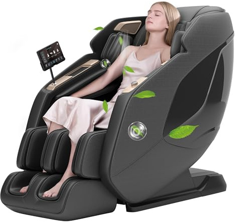 Real Relax 4D Fauteuil de Massage, Fauteuil de Massage Shiatsu zéro gravité avec Piste SL, étirement de Yoga, écran Tactile UI, roulettes, Chauffage et Chargeur sans Fil, PS5200, Noir