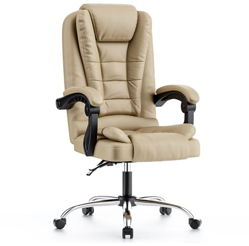 naspaluro Office Chair, Ergonomic Desk Chair PU Leather Stol 150kg, Khaki | Ergonomisk Kontorsstol with Spring-Packed Seat & Soft Arms, Height Adjustable, Tilt Function, Swivel Chair for Office Gaming