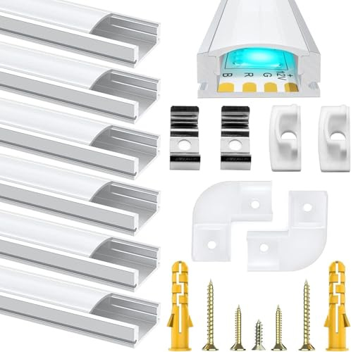 Chesbung Lot de 6 profilés LED en aluminium 1 m en forme de U pour bandes LED jusqu'à 12 mm avec couvercles en blanc laiteux, embouts et matériel de montage