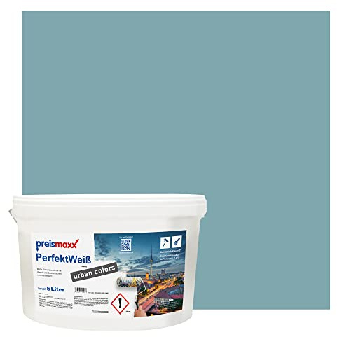 Preismaxx Perfektweiß Wandfarbe blau matt 5L - Innenwandfarbe für kreative Wandgestaltung, Innenfarbe petrol, hohe Deckkraft Klasse 2, Trendfarbe für Wohnzimmer, bunte Akzentfarbe