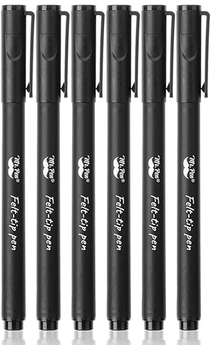 Mr. Pen Black Felt Tip Pens, Pack of 6, Medium Point (0.7mm), No Smear, Fine Point Pens Black, Bible Journaling Pens, Planner Markers, Pens for Journaling