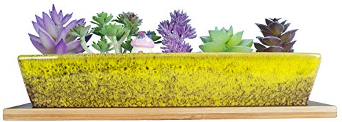 ARTKETTY Pots de fleurs en céramique de 25 cm pour plantes grasses succulentes, pots de fleurs rectangulaires modernes avec plateau, bac à fenêtre peu profond avec drainage pour décoration d'intérieur