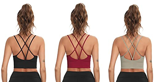 Enjoyoself dam sportbehå utan bygel push up vadderad chic bysthållare med remmar på baksidan, lätt behå topp för yoga träning, 3 svart + vinröd + grön, S