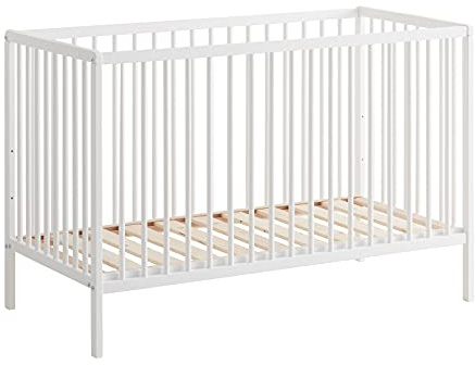 NafNaf Cuna de Madera 60x120, Somier Ajustable en 3 Alturas, Estilo Clásico de Barrotes, Color Blanco Perla
