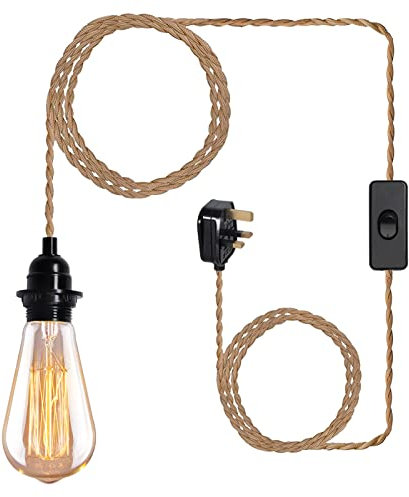 15FT Vintage Plug in Pendant Light Cord Hanging Light Dimmer Switch Kit DIY with Twisted Nylon Rope, Industrial Ceiling Pendant Lighting E26 E27 Socket for Farmhouse Kitchen Cable (01)
