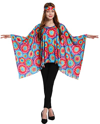 SEA HARE Damen 60er Jahre Hippie Kostüm Mode Hipie Poncho (Blume)