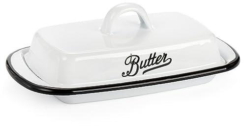 Suwimut Enamelware Butter Dish with Lid, 19.5×11 cm Farmhouse White Butter Dish, Vintage Style Black Rim Enamel Butter Container with Cover, Metal Butter Keeper Storage for countertop