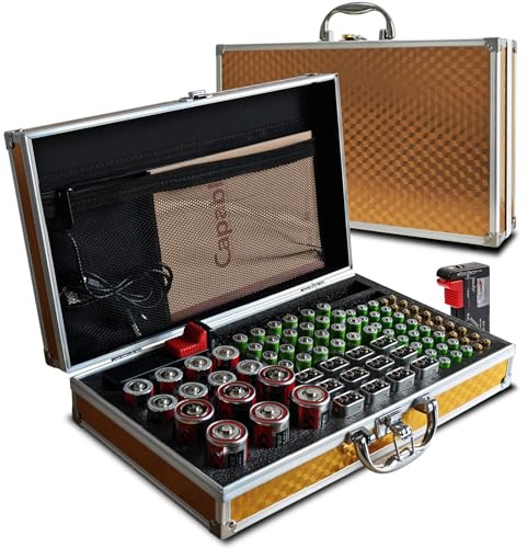 SSS·GRGB Battery Storage Case with Battery Tester, Aluminum Battery Organiser Box Holds 100+ various types of Batteries (AA AAA C D 9V), Hard Case Waterproof Fireproof (Not Includes Batteries) Gold