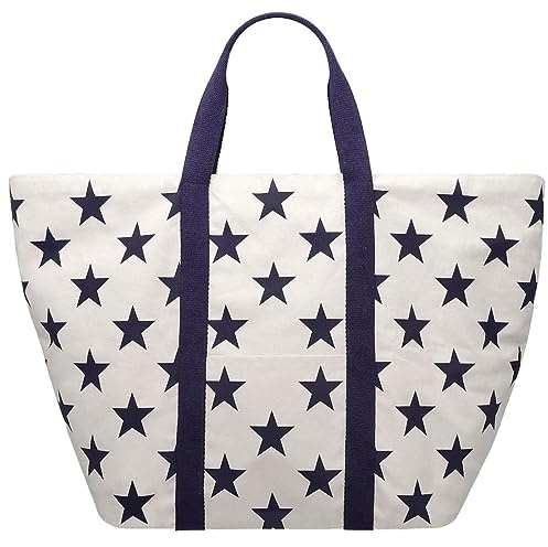 fiolini Strandtasche XXL Stars – extragroße maritime Badetasche für Familien, Baumwoll-Canvas, Sternenmuster, Kordelzug Verschluss – Shopper Tasche, Tote Bag, Weekender (creme)