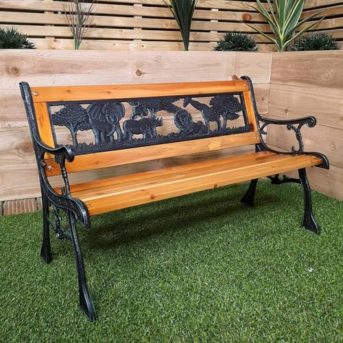 Samuel ALEXANDER Kids 2 Seater Wooden & Cast Iron Garden Patio Childrens Bench with Animal Design