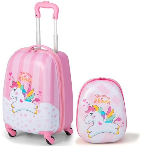 HOMFME 2 PCS Kids Luggage Set, Children Suitcase and Backpack Set with Adjustable Handle and Universal Wheels, Hard Shell Toddler Trolley Case for Travel School (12 + 16 Inch, Pink Unicorn)