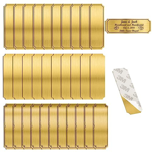 Brass Blank Name Plates, 30Pcs 3 X 1 Brushed Brass Name Plates Gold Card Personalized Laser Marking Logo Metal Name Label Art Tag, for Artworks, Gifts (Back Adhesive)