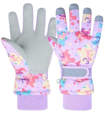 FAYHIJUN Handschuhe Kinder Winter schneehandschuhe Skihandschuhe für 1-13 Jahre Mädchen Jungen PU Palme Wasserdicht Winddichte Warm Fleece Winterhandschuhe Fahrradhandschuhe (Elchhirsch-Lila, L)