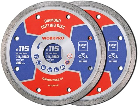 WORKPRO 115 mm Super Thin Diamond Cutting Discs (4.5) 2-Pack Segmented Blades for Angle Grinder - Ceramic, Porcelain, Tiles - OSA Safety Certified
