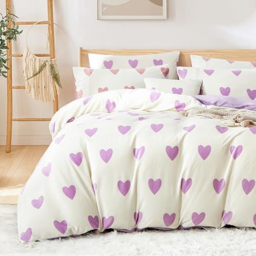 Covebett Biancheria da letto in flanella, 155 x 220 cm, colore bianco, con cuori viola, in pile invernale, in cashmere touch, con chiusura lampo e 1 federa 80 x 80 cm