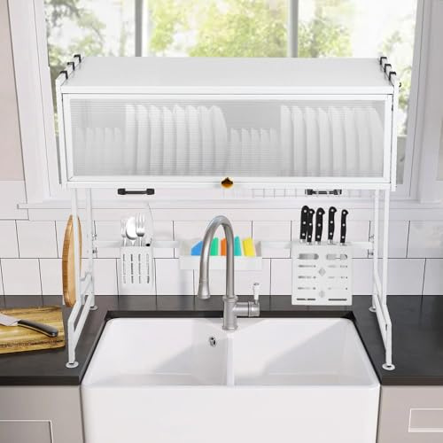 HUOLE Escurreplatos sobre Fregadero, Escurridor de Platos, Organizador Cocina, Estante de Secado de Platos de Acero Inoxidable de 3 Niveles, con Soporte para Utensilios, 65 * 30 * 78cm-lanco