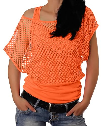 Maglietta in maglia da donna con spalle scoperte – Top SexyFluo per gli anni '80 per Carnevale Festa a Tema Estivo Retrò Costume Halloween Discoteca Clubwear Tops