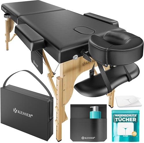 KESSER® Mobile Massageliege mit Holzfüßen klappbar & höhenverstellbar max 250kg 2 Zonen Massagebett Massagetisch Kosmetikliege Breite Therapieliege Kopfstütze & Armlehnen inkl Tragetasche & 10x Tücher
