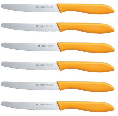 Ruffulon Tomato Knife Set of 6, Serrated Kitchen Knives, Stainless Steel Table Knives, Sharp Tomato Knives with Serrated Edge, Plastic Handle Dinner Knifes, Bread Knife Set, Orange