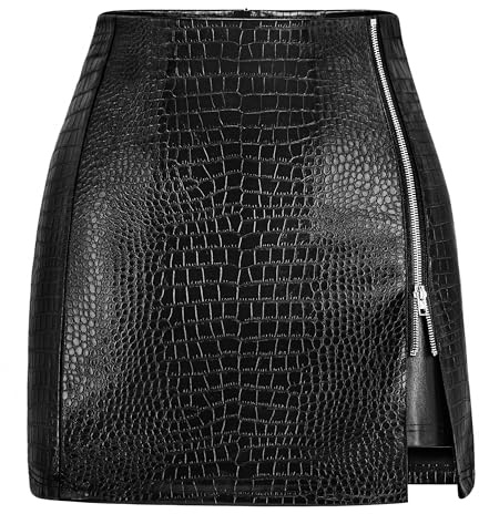 FLUFFY SENSE. Women's Leather Mini Skirt –Stretchy High Waisted Zipper Slit Faux Pleather Bodycon Short Pencil Skirt (US, Alpha, Medium, Regular, Regular, Black Croc-Embossed)