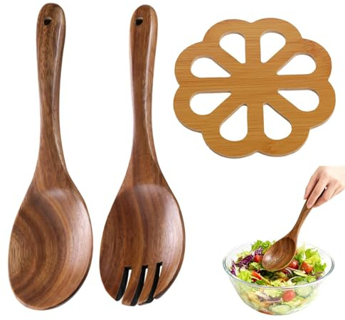 Ailah Juego de Cubiertos para Ensalada de bambú, Juego de Utensilios para Servir Ensalada, servidores de Ensalada de Oro Cubiertos rústicos, Utensilios Ensalada 3 Piezas