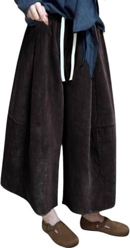 Lazutom Pantaloni da donna a gamba larga in velluto a coste pantaloni invernali culottes a vita alta vestibilità ampia vita elastica pantaloni corti casual caldi pantaloni palazzo, Marrone, M