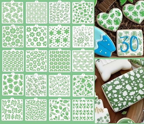 20Pcs Floral Cookie Stencils Set - 5.9Inch Flower Plant Leaf Hibiscus Rose Vine Patterns, Food-Safe Airbrush Stencils for Beginner DIY Cake Decorating, Royal Icing & Sugar Cookies, No Skill Required
