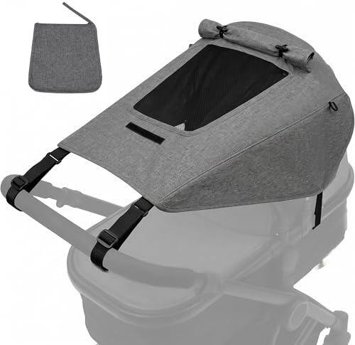 Sonnensegel Kinderwagen UV Schutz 50+, Sonnenschutz Kinderwagen Wasserdicht Doppellagiger Stoff, Universal Sonnenschutz Buggy mit Sichtfenster & extra breiten Schattenflügeln (Grau)