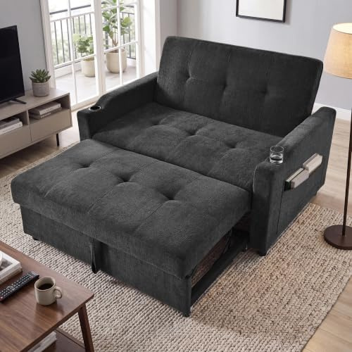 BTM 2 Seater Pull Out Sofa Bed, Multi-Functional Sleeper Loveseat with Cup Holders, Convertible Fold Out Guest Couch, Space Saving Sofa Sleeper for Apartment, Living Room, Guest Room, Studio, Dorm
