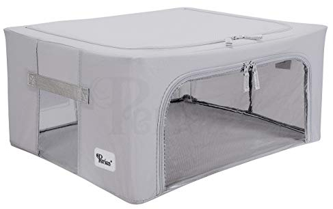 Periea ‘Beau’ Folding Collapsible Stackable Fabric Home Storage Boxes with Steel Frames (Grey, Medium)
