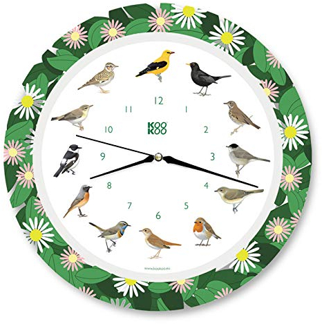 KOOKOO Singvögel Flower Planet, Quarzwerk, Die Singende Vogeluhr, ist eine Uhr mit 12 heimischen Singvögeln und echten, natürlichen Vogelstimmen, 34cm