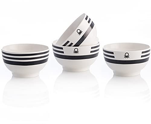 UNITED COLORS OF BENETTON. Black & White | Bols en porcelaine | 4 pièces de 650 ml | très durables et résistants | bols pour petit déjeuner résistant au lave-vaisselle | blancs à rayures